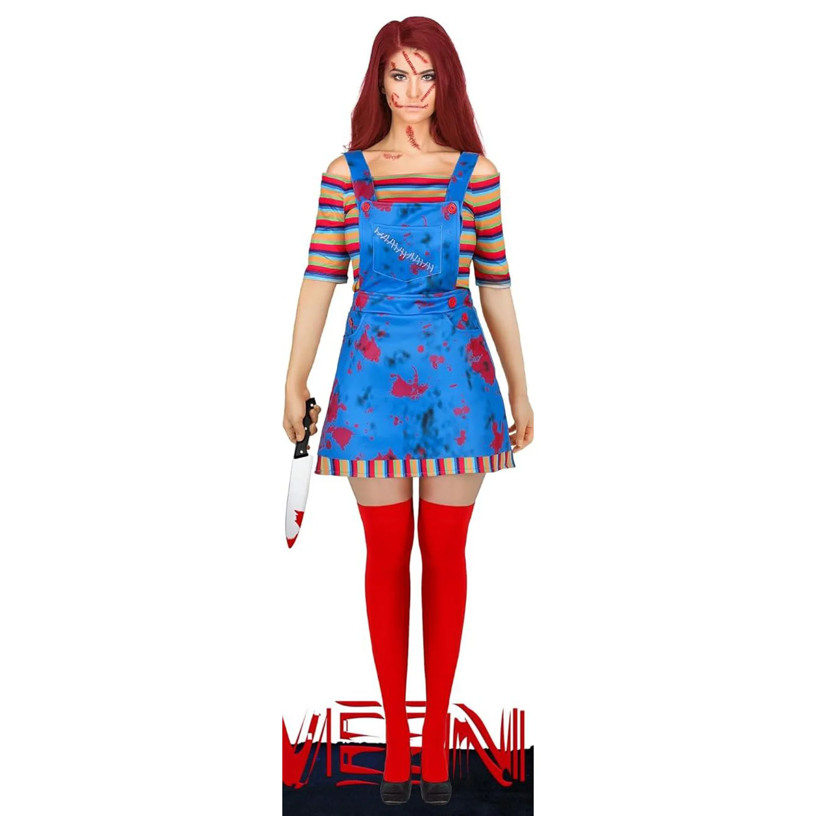 Womens Killer Doll Costumes Striped Off Shoulder Short Sleeve Tops Bloody Print Overall Dress Halloween Cosplay Set