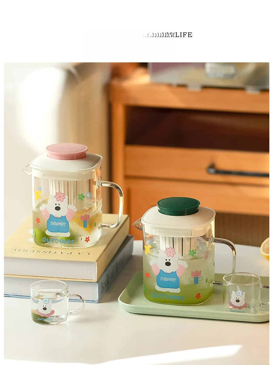 

Tlife Serene Large Capacity Glass Cold Water Pot with Lid Heat Resistant Home Use Summer Essential Cartoon Design Tea Storage