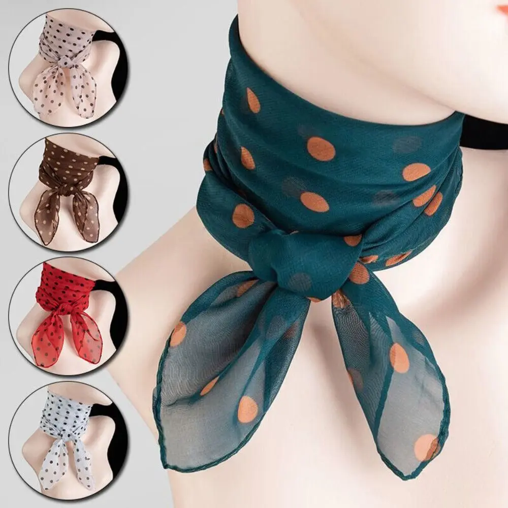

Fashion Polka Dot Print Artificial Silk Scarf Thin Neck Warp Women Neck Scarves Square Beach Sunscreen Chiffon Soft Shawl