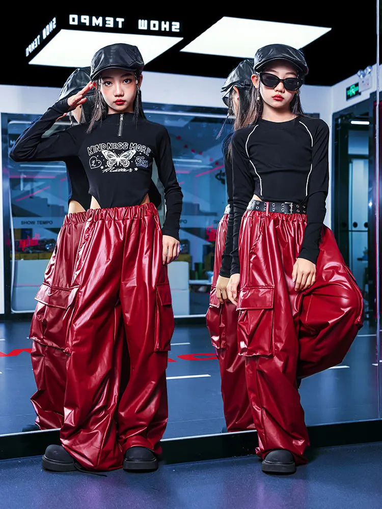 Kid Hip Hop Clothing Black Mock Neck Crop Top Long Sleeve T Shirt Wine Red Wide Cargo Pants for Girl Dance Wear Costume Clothes