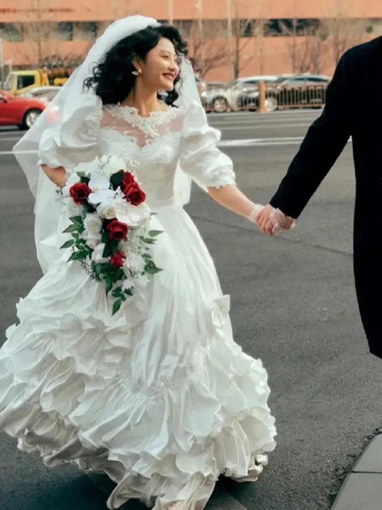 Ele Satin Wedding Dr 2024 New Sle Outdoorsy Forest Theme Guest eeting Dr High End Vintage Feel Puffy Skirt