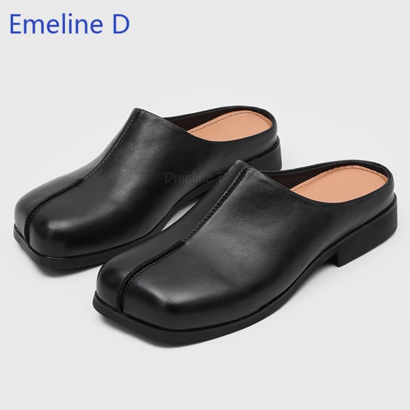 Men Square Toe Mule Shoes Center Front Stitch Backless Slip On Low Block Solid Black Minimalist Urban Daily Casual Outdoor Shoes