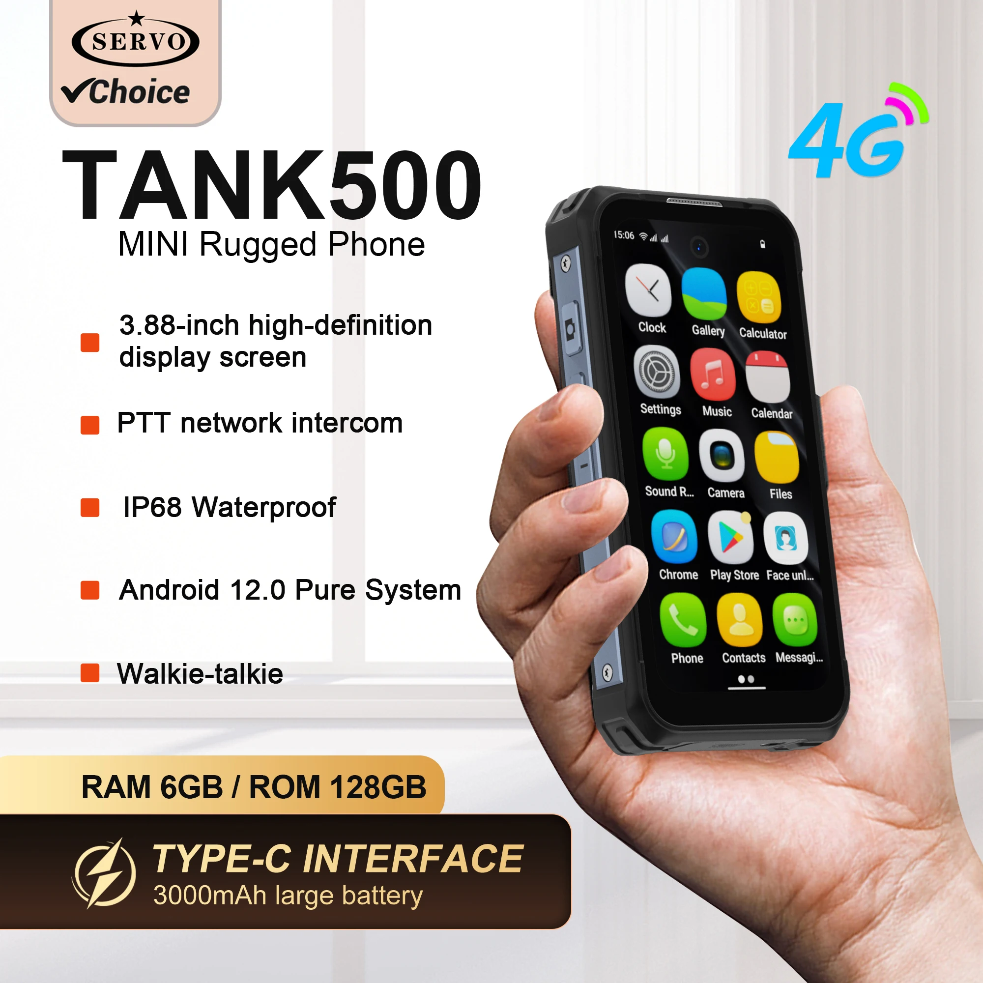 SERVO TANK500 4G Android Mini Smartphone robuste 6GB + 128GB 2 SIM visage déverrouiller 3.88 pouces 3000mAh 13MP caméra étanche téléphone intelligent