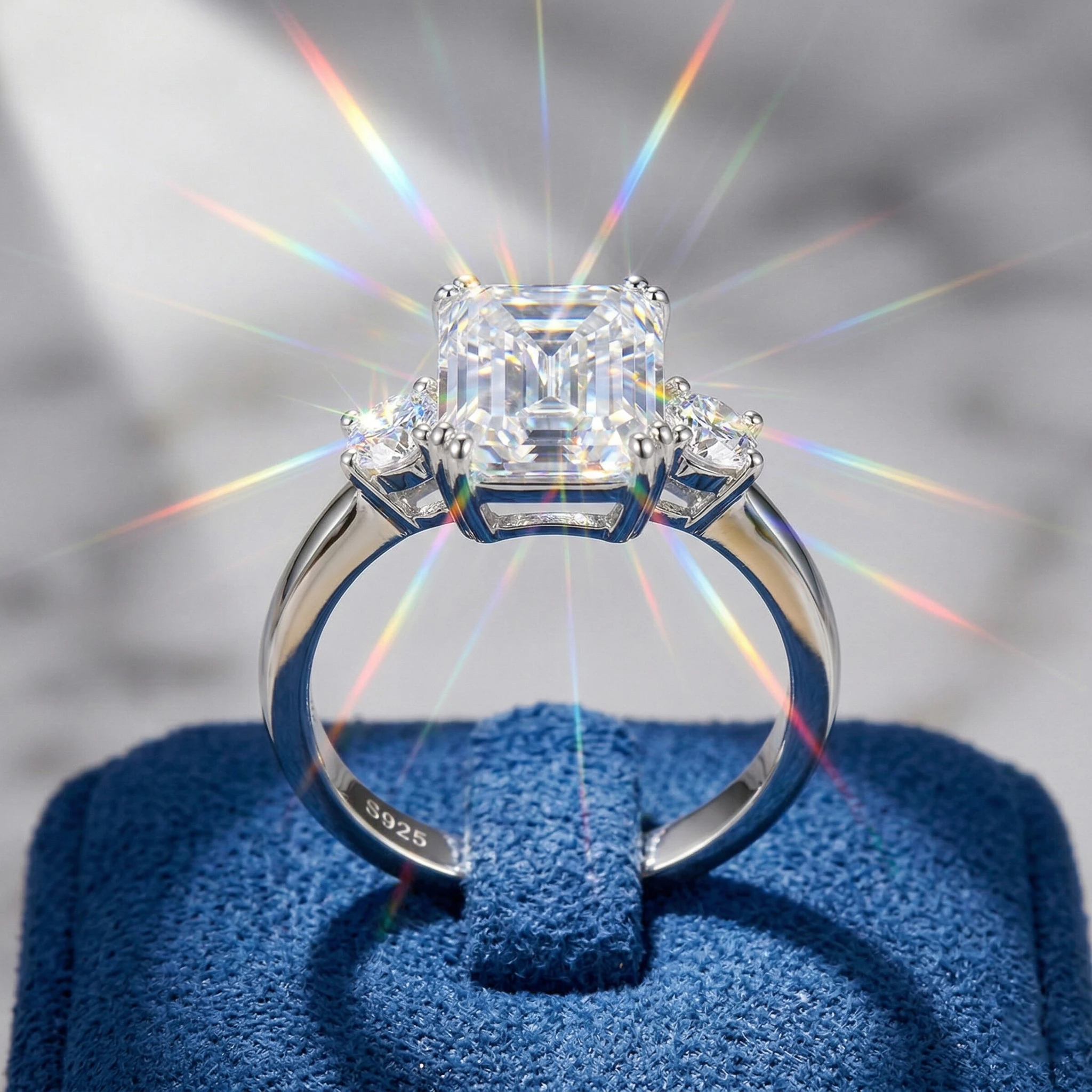 Moissanite Ring, 925 Sterling Silver, D Color VVS1, 4 Carat, Asscher Cut Engagement, Women's, Certificate Quality