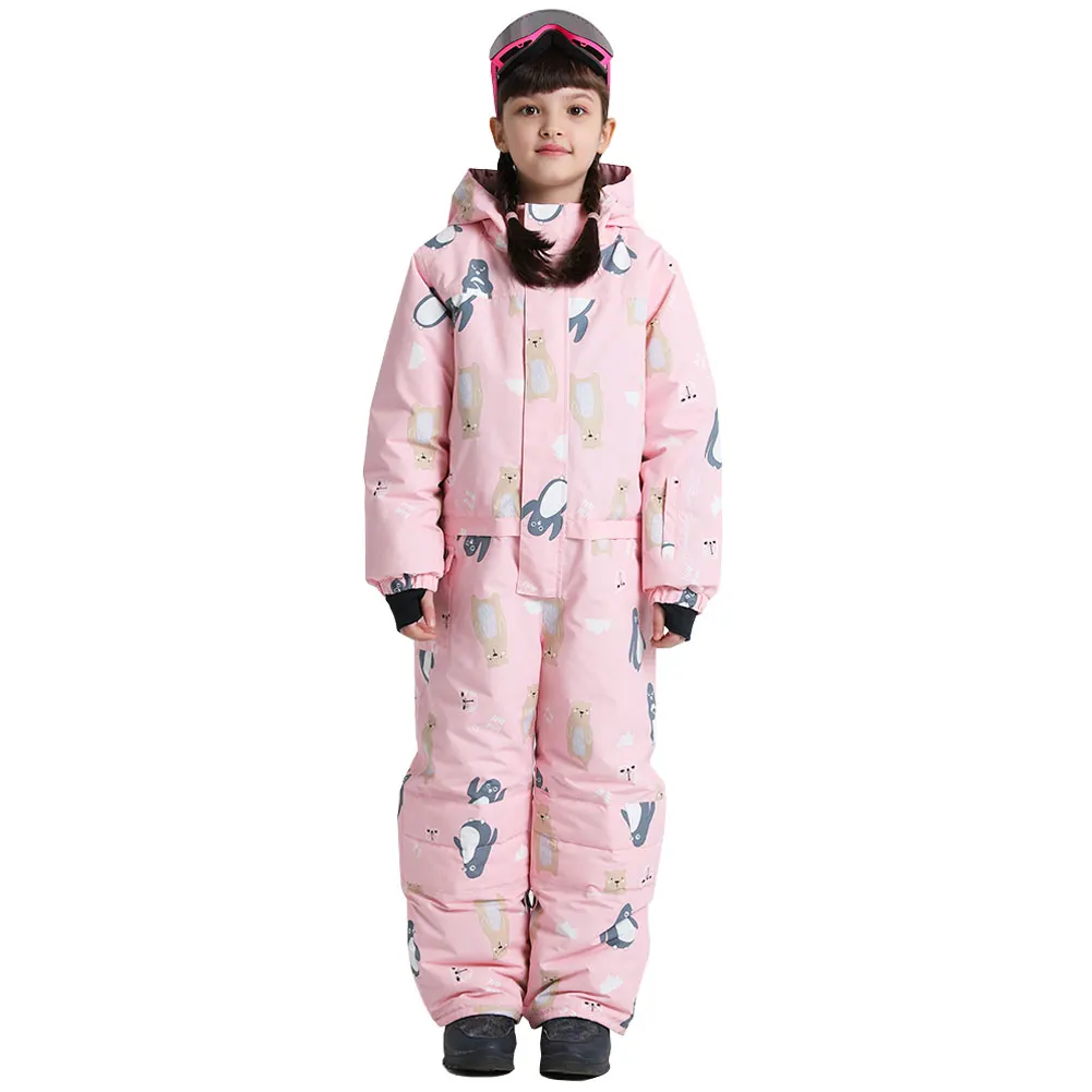 Children's Snow Suits One-Piece Penguin Printed Hooded Windproof Warm Girls Boys Ski Jacket Winter Snowboarding Wear