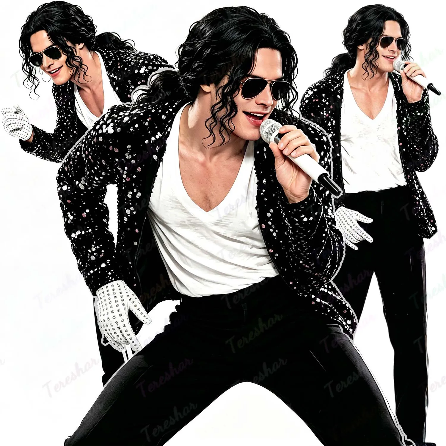 Synthetic Mens Long Curly Black Wig+Glasses+Glove Michael Jackson Cosplay Wig Disco Funny Wig for Halloween Party Hippies Rocker