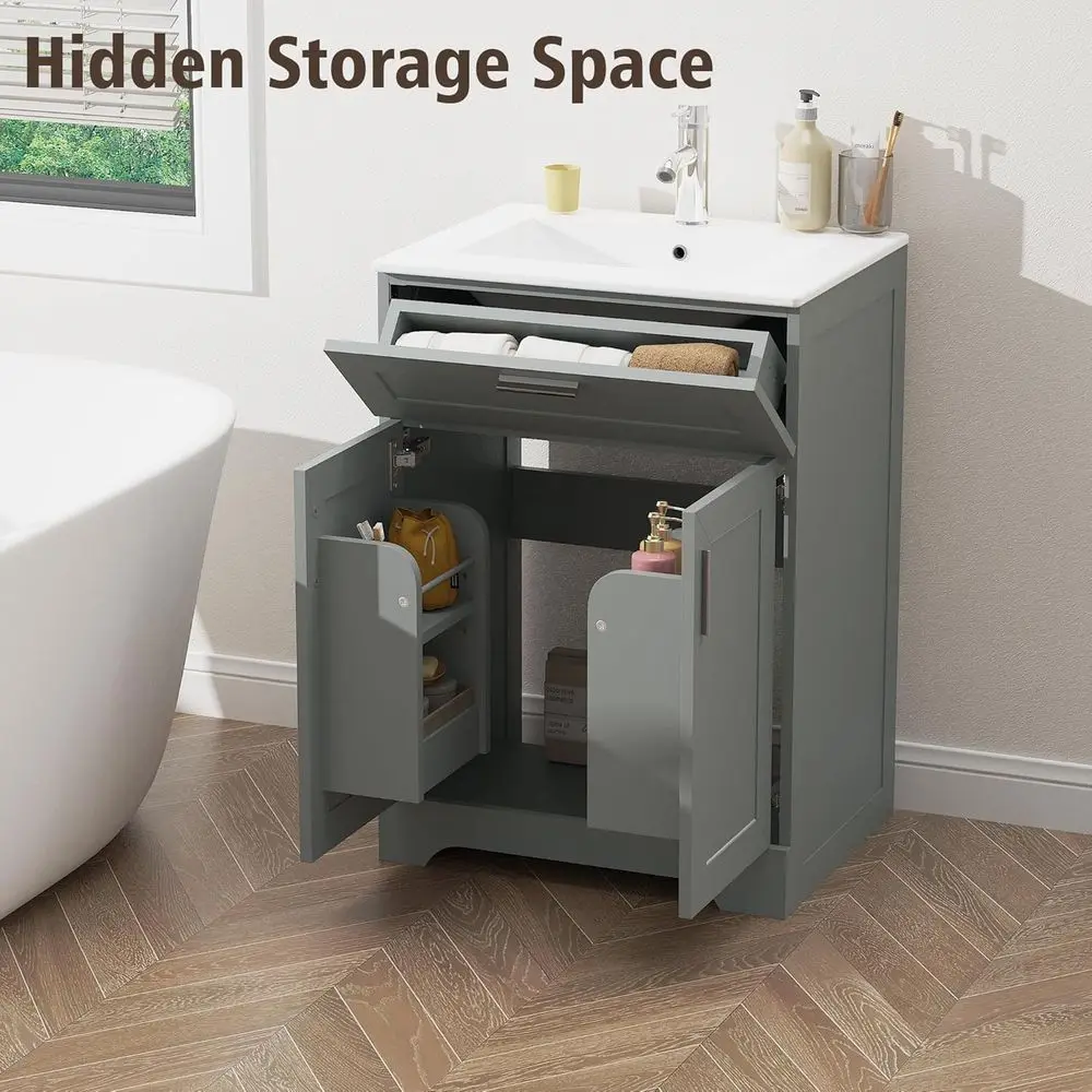 طقم مكون من 24 قطعة من الخشب الرمادي مع حوض سيراميك وتخزين مخفي