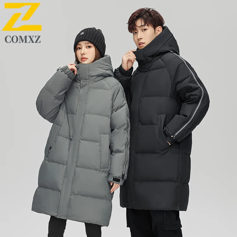 COMXZ Men Long Down Jacket High Quality 90 Percent Duck Down Skiing Warm Coat Fashion Zipper Design Hooded Winter Puffer Coat