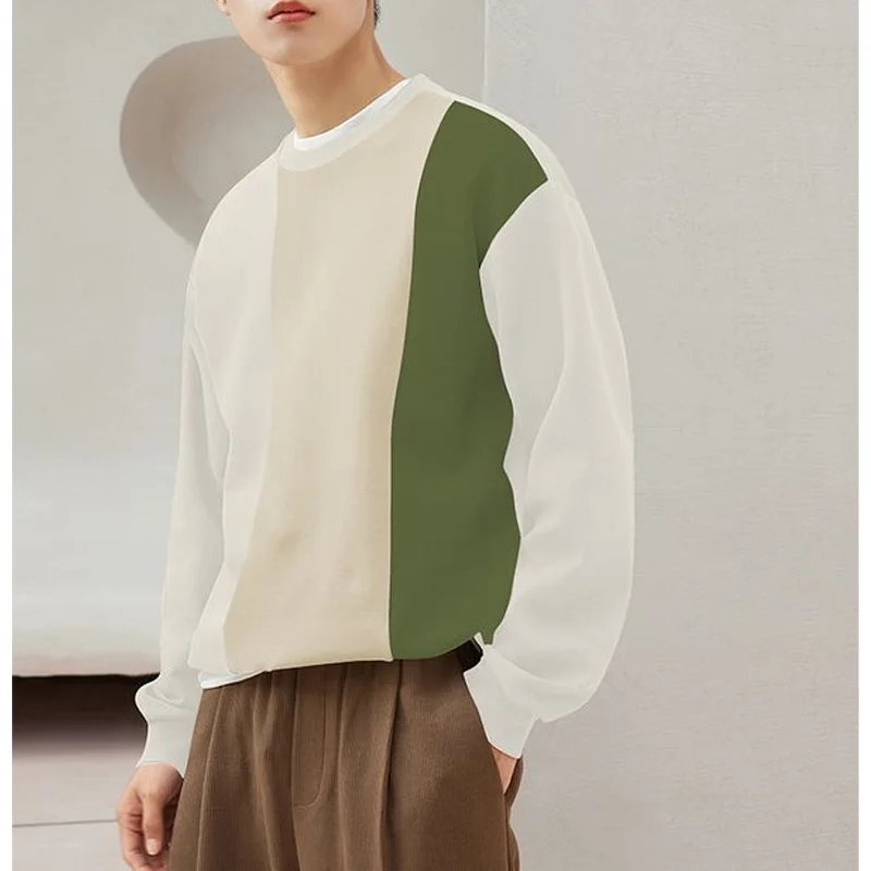 2024 New Spring and Autumn Leisure Fashion Vitality Age Reducing Round Neck Contrast Loose Oversize Pullover Sweater for Men