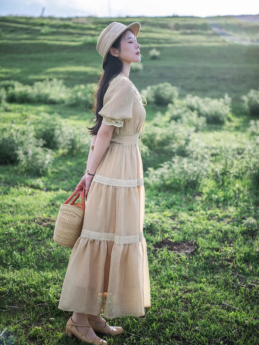 TIYIHAILEY Vintage Spring Linen Women Long Maxi Short Puff Sleeve Lace Patchwork Bandage Turn Collar Dress On Sale Ladies