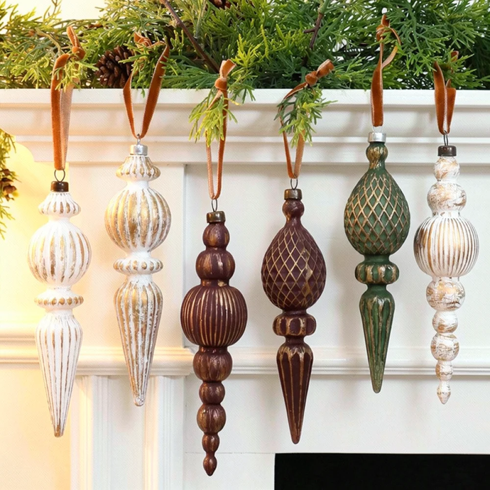 Elegant Christmas Tree Hanging Ornaments Vintage Brown Cream Teardrop Baubles Decorative Gift Box Holiday Decor