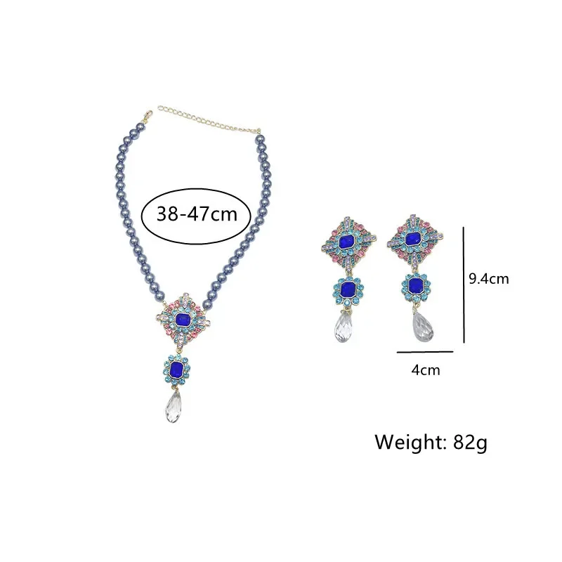 Vintage Baroque Pearl Crystal Necklace Drop Earrings set For Women Geometric Colourful Banquet Jewelry Sets