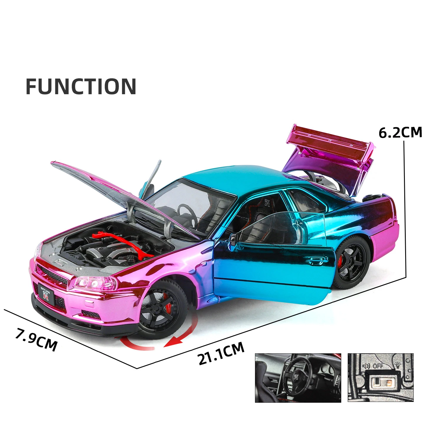 NEW 1:24 GTR R34 Skylin Alloy Car Model Sound and Light Pull Back Children's Toy Collectibles Birthday Gift