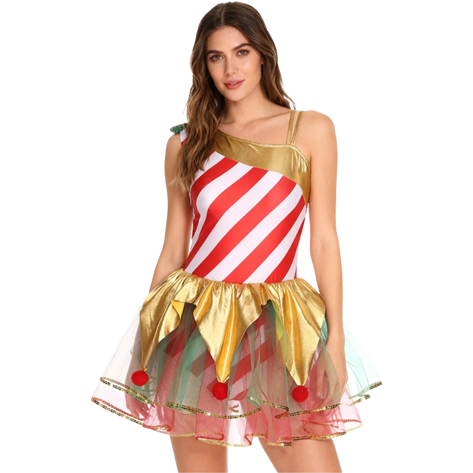 

Женский рождественский костюм эльфа, Рождественский костюм ярких тростей, балетное танцевальное платье-пачка с металлическими помпонами, многоуровневый тюлевой купальник, праздничный наряд для вечеринки