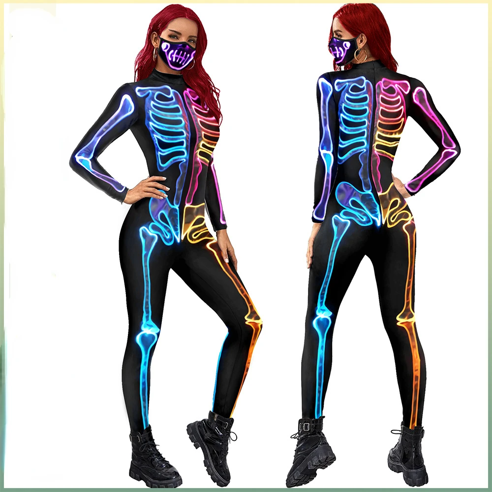 New Arrival Colorful Skeleton Print Women\'s Long Sleeve Tight Jumpsuit Cosplay Halloween Costume Stage Performance Clothing