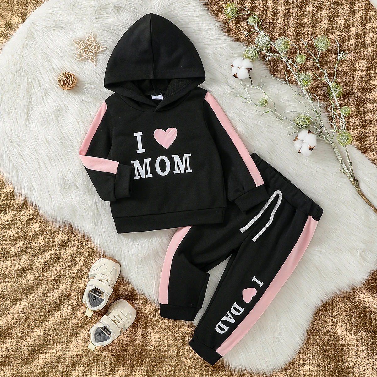 2-Piece Set Baby Girl Fall Casual Black Printed Letter &Heart Pure Color Long-Sleeved Hooded Sweatshirt &Pants Suit Clothes