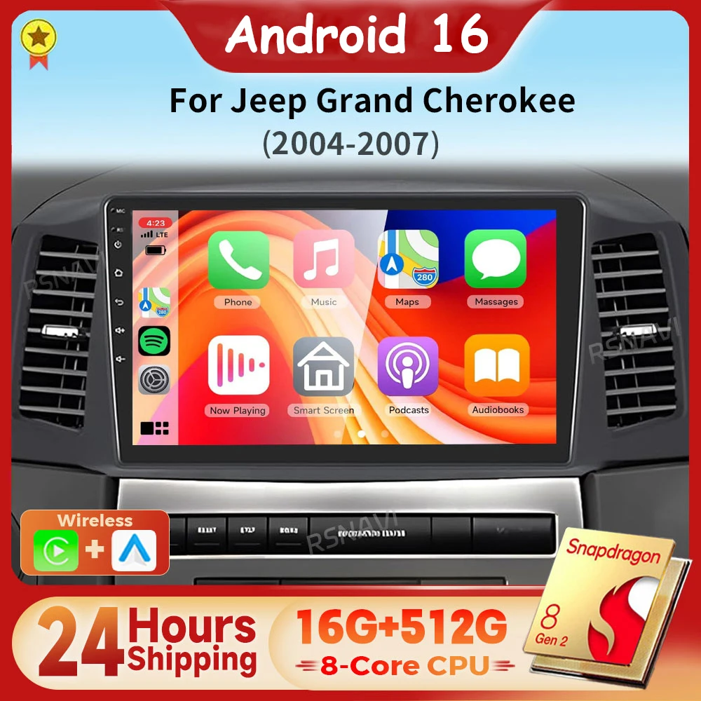 Android 16 Qualcomm Carplay Auto 2K Screen Car Radio Multimedia Player For JEEP Grand Cherokee 2004 - 2007 Autoradio Snapdragon