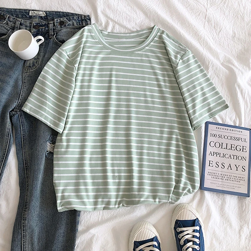 Women's Casual Punk T-irt Color Striped One-Ne Slim Fit Cotton 96% Other Material 4% Thin Seven-Sve Printed T-irt