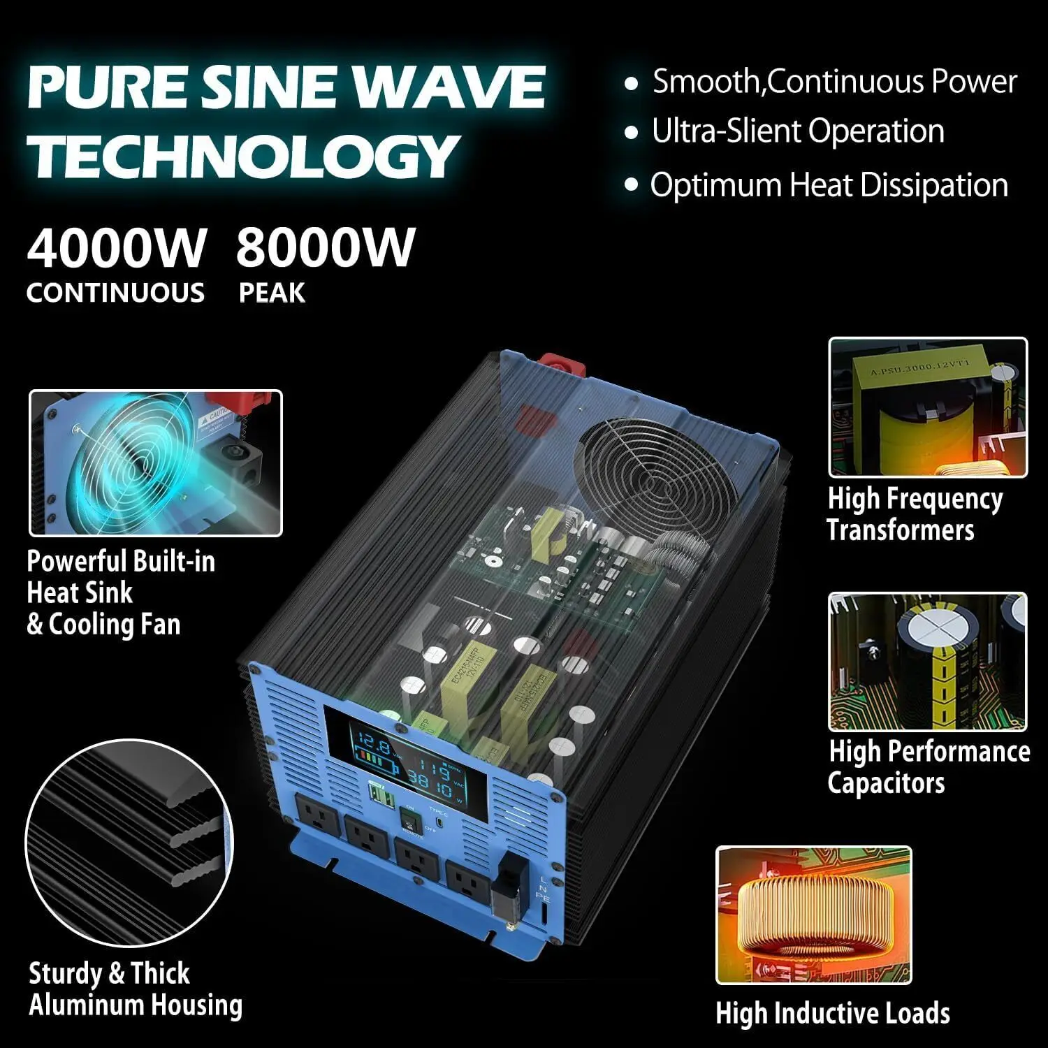 

4000W/8000W Pure Sine Wave Power Inverter DC12V AC120V Converter With LCD,Remote Control,USB For RV Auto Boat Laptop, Smartphone