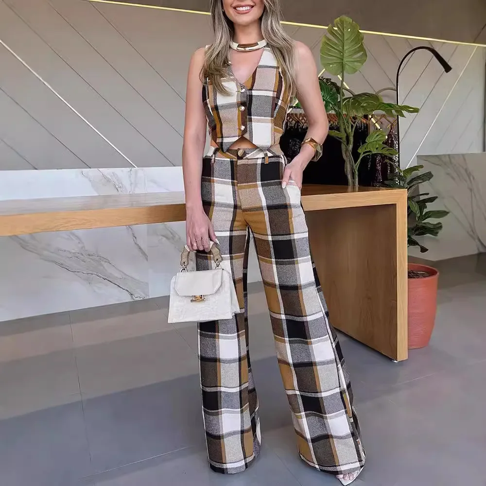 Khaki Plaid Sleeveless Straight Leg Pants Jumpsuit High Waist Fashion Casual Women Summer Playsuits Pants Hollow Out