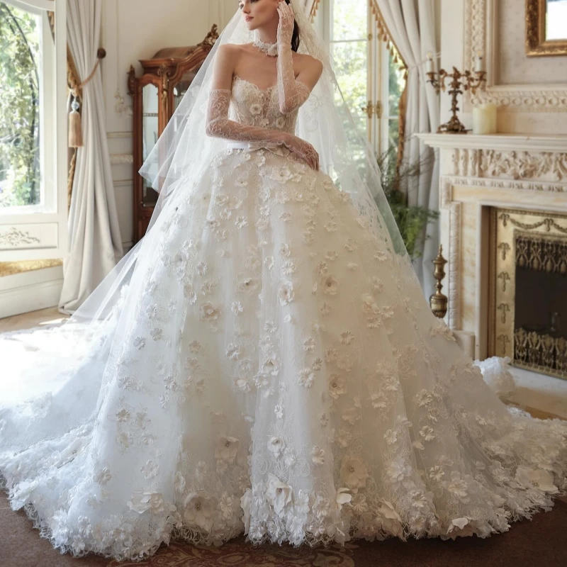 

Luxury White Dubai Arabic Mermaid Wedding Dresses Applique Flower Beading Tull Crystal A-Line Court Train Wedding Dress Bridal