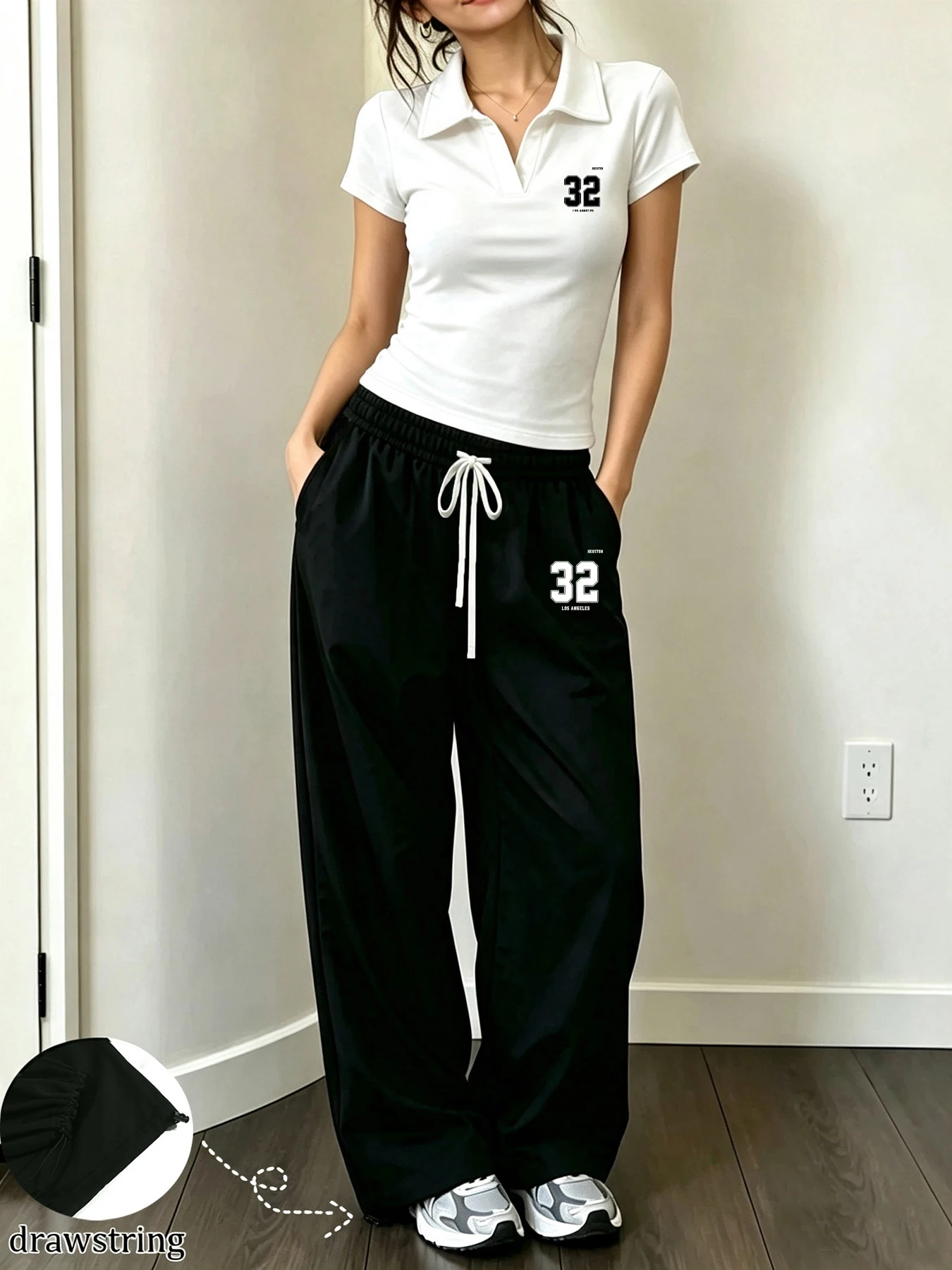 Gothic-style matching set: street-dance-print sweatpants with an elastic waistband and a short-sleeved polo shirt.