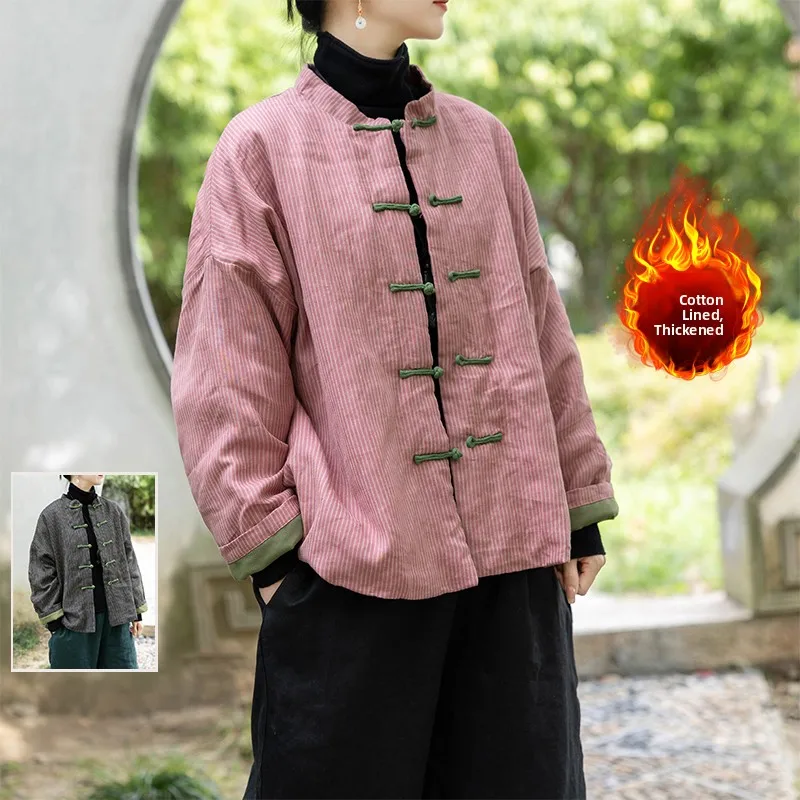 

Thiened Cotton Jaet Winter Sle Long Sve Stripe Pattern Button Design Large Size Women's Coat Traditional Chinese Sle