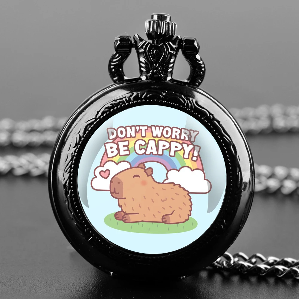 Reloj de bolsillo con cúpula de cristal con diseño de capibara encantador de dibujos animados con collar de cadena, relojes con colgante de cuarzo Vintage, cadena de reloj para hombres y niños