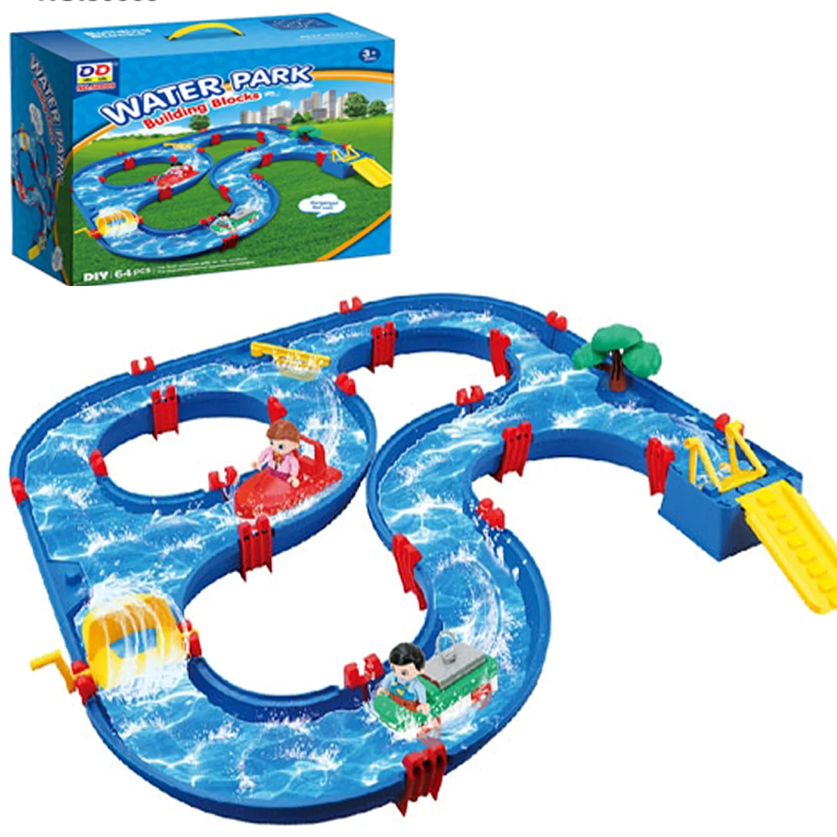 مجموعة لعب الممرات المائية للأطفال مكونة من 50 قطعة من لعبة الشاطئ في الفناء الخلفي والحديقة وحمام السباحة - لعبة مائية مع قاربين، متعة الصيف في الهواء الطلق، للأطفال الصغار والأولاد والبنات. #1