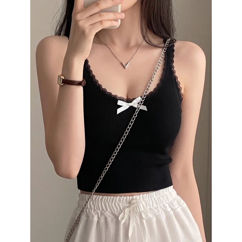 Sweet and Spicy Style Lace-Trimmed V-Neck Camisole with a Delicate Bow Accent, Adding a Playful Girly Vibe