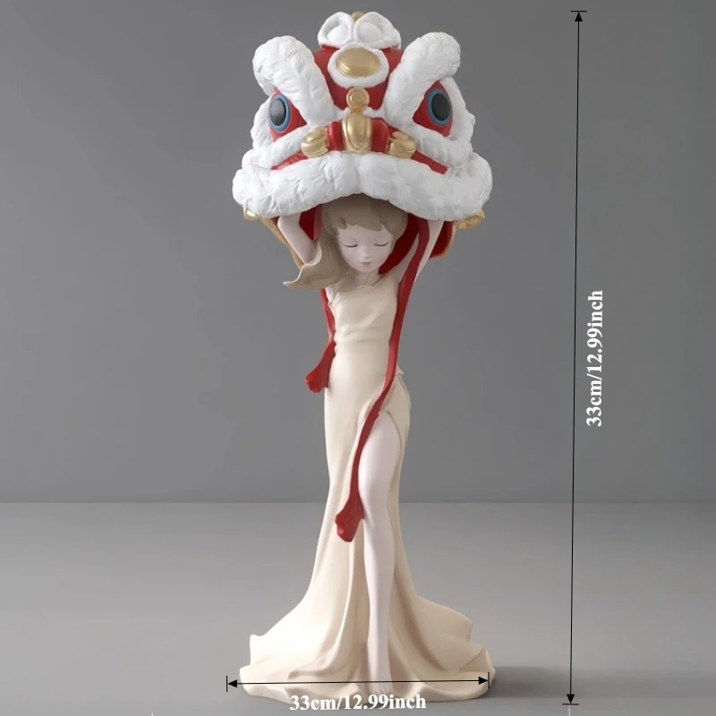 Chinese Style Girl Statue Ornament TV Stand Guochao Lion Dance Lucky Desktop Gadget Living Room Corridor Home Decoration Gift
