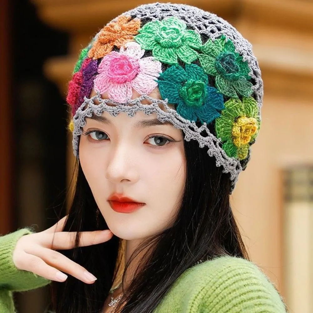 

Hollowed Out Hollow Baotou Cap Fashion Breathable with Coloured Flower Painter Hat Hand-Knitted Knitting Wool Cap Summer
