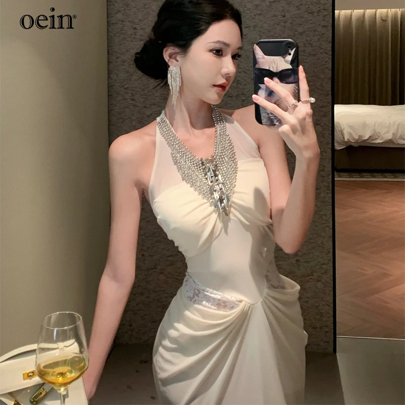 [oein] Nail Bead Hanging Neck Dress, Women's Autumn Lace Patchwork Long Skirt, Socialite Style Waist Cinched Fish Tail