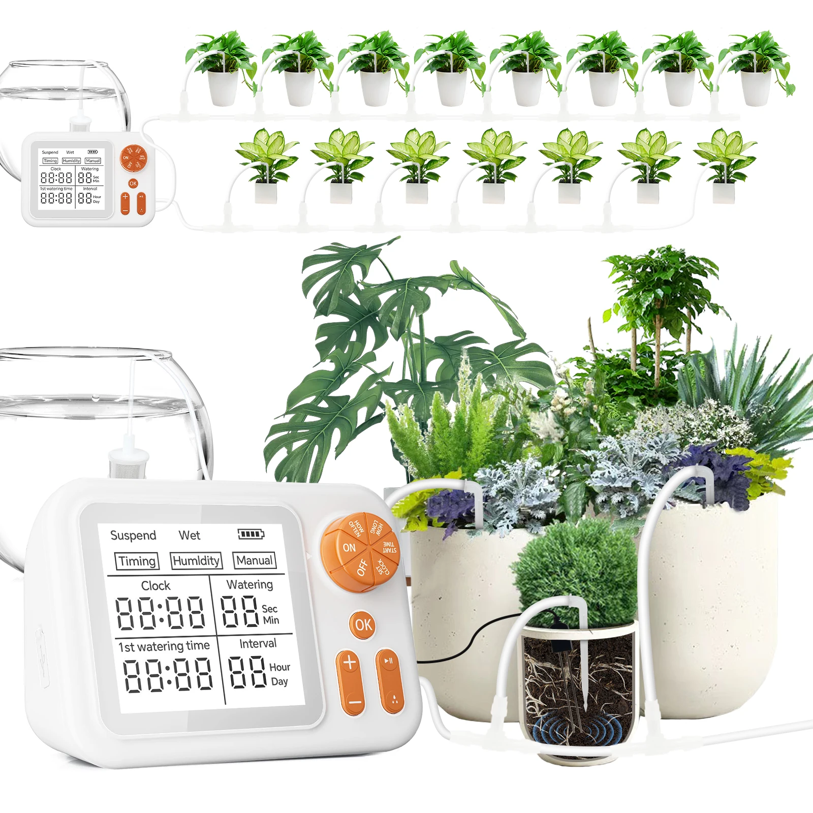 Automatic Drip Irrigation System with Smart Soil Moisture Sensor Indoor Plant Self Watering Kit Anti-Siphon Pump for 15 Bonsai