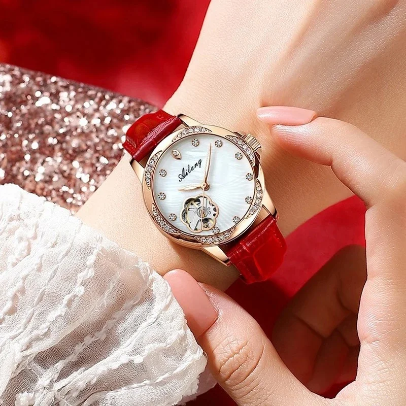 AILANG Women Luxury Diamond Tourbillon Automatic Mechanical Wristwatch, Leather Strap Waterproof Elegant Ladies Watch
