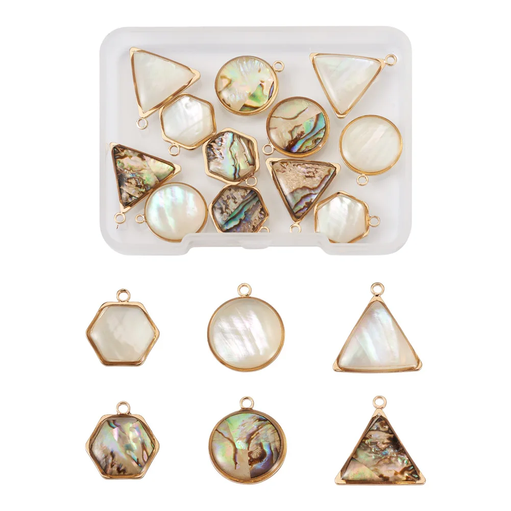 

12PCS 6 Styles Natural Shell Pendant Sets Flat Round & Triangle & Hexagon Charms for Jewelry Making Necklace Bracelet Earrings