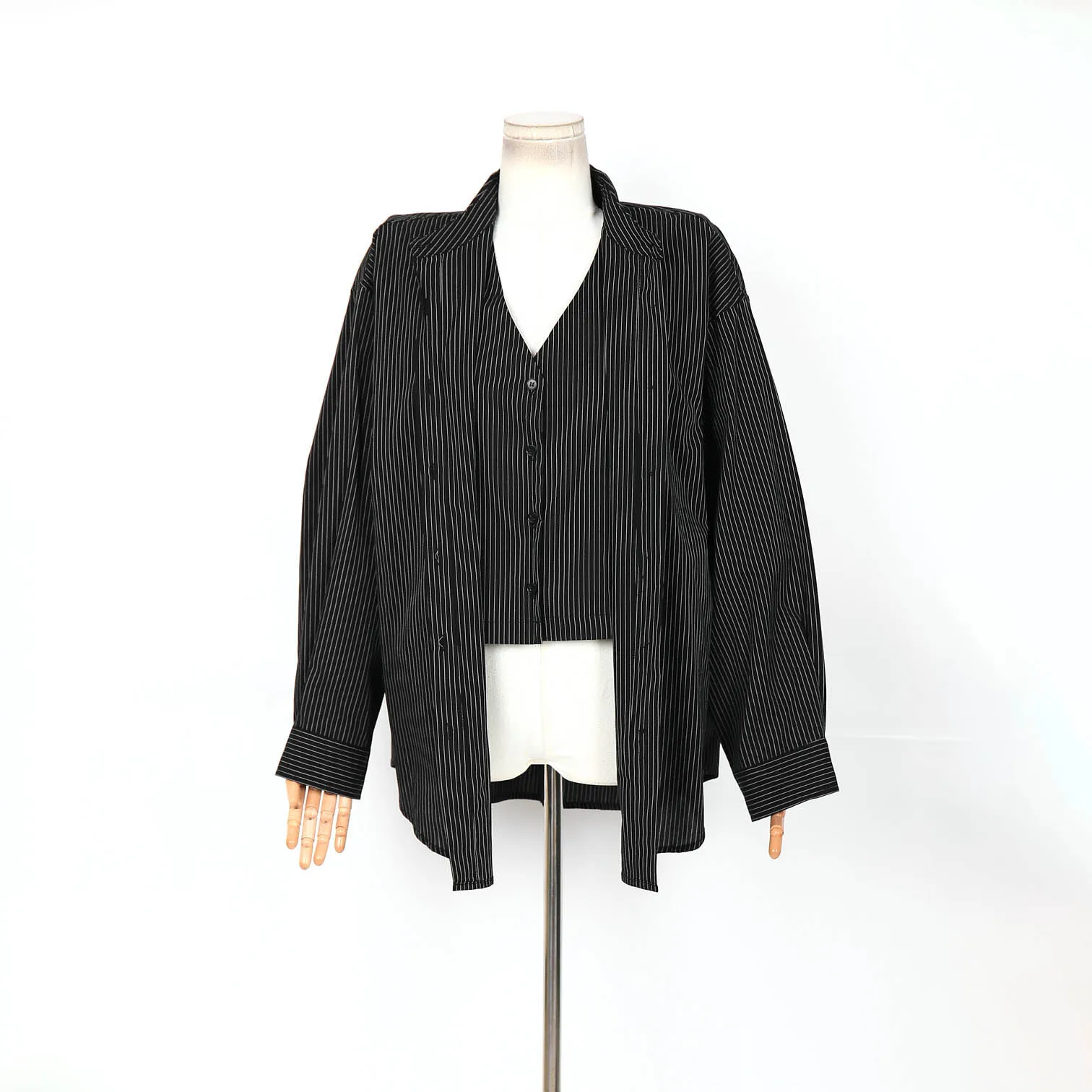 

Women's Spring Suit 2025 Fashion Black Striped Shirt + Vest Two-Piece Set Loose Long Sleeve Vintage Style Outfit