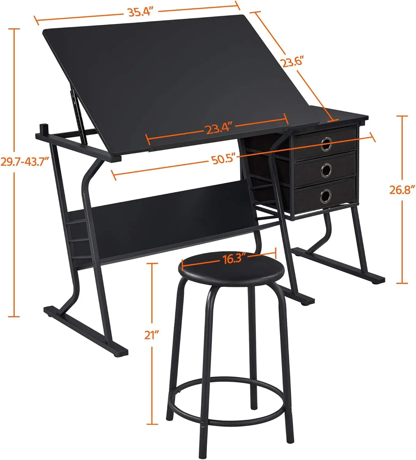 Drafting Table for Adults/Artists, Drawing Desk, Tabletop Adjustable Art/Craft Desk with Stool and 3 Slide Drawers, Sketching