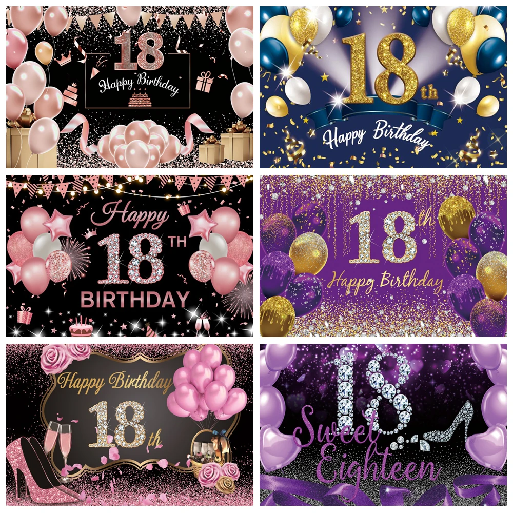 

Happy Birthday Backdrop 18 Years Gold Glitter Balloon Boys Girls Old Birthday Party Photography Background Photo Studio