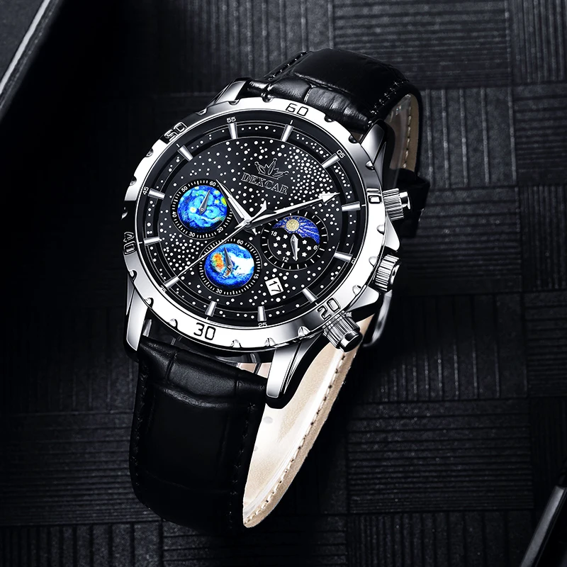 DEXCAR Men\'s Watches 2023 Quartz Watch for Men Chronograph Sports Waterproof Moon Phase Starry Sky Leather Clock Reloj Hombre