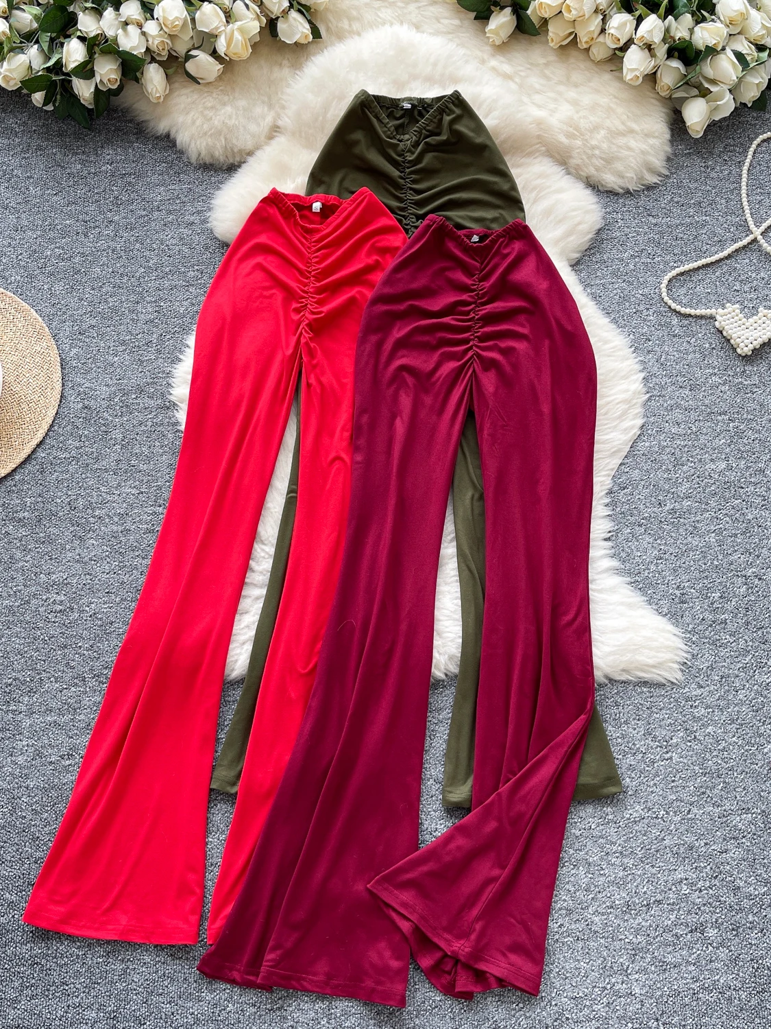 Slimming Pure Color Long Pants Women's Summer Pleated High Waist Micro Flared Casual Trousers Korean Style Commute Fashion