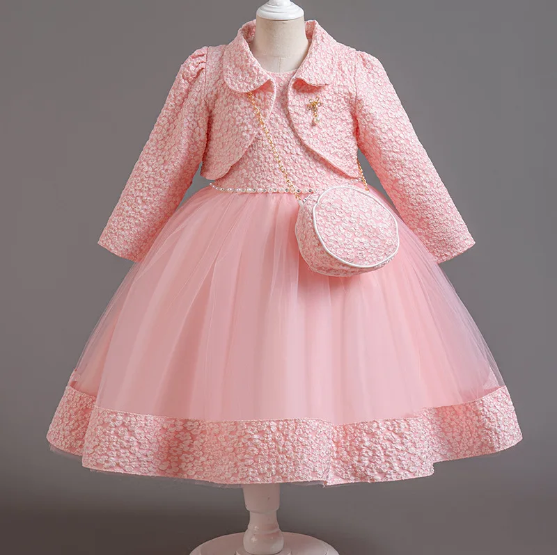 Spring Flower Girl Elegant Dresses for Wedding Girls’ Formal Dress with Bag 3 PC Set Long Sleeve Kids' Clothes 3 to 12 Years image 3