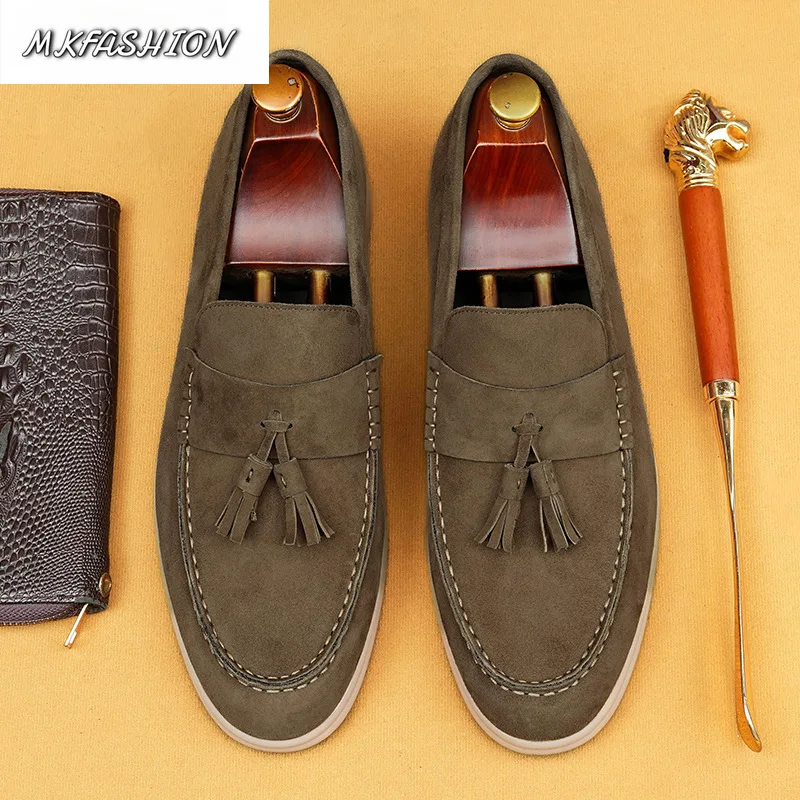 Men's Suede Leather Business Casual Shoes Round Toe Soft Sole Flats with Tassel Male Footwear