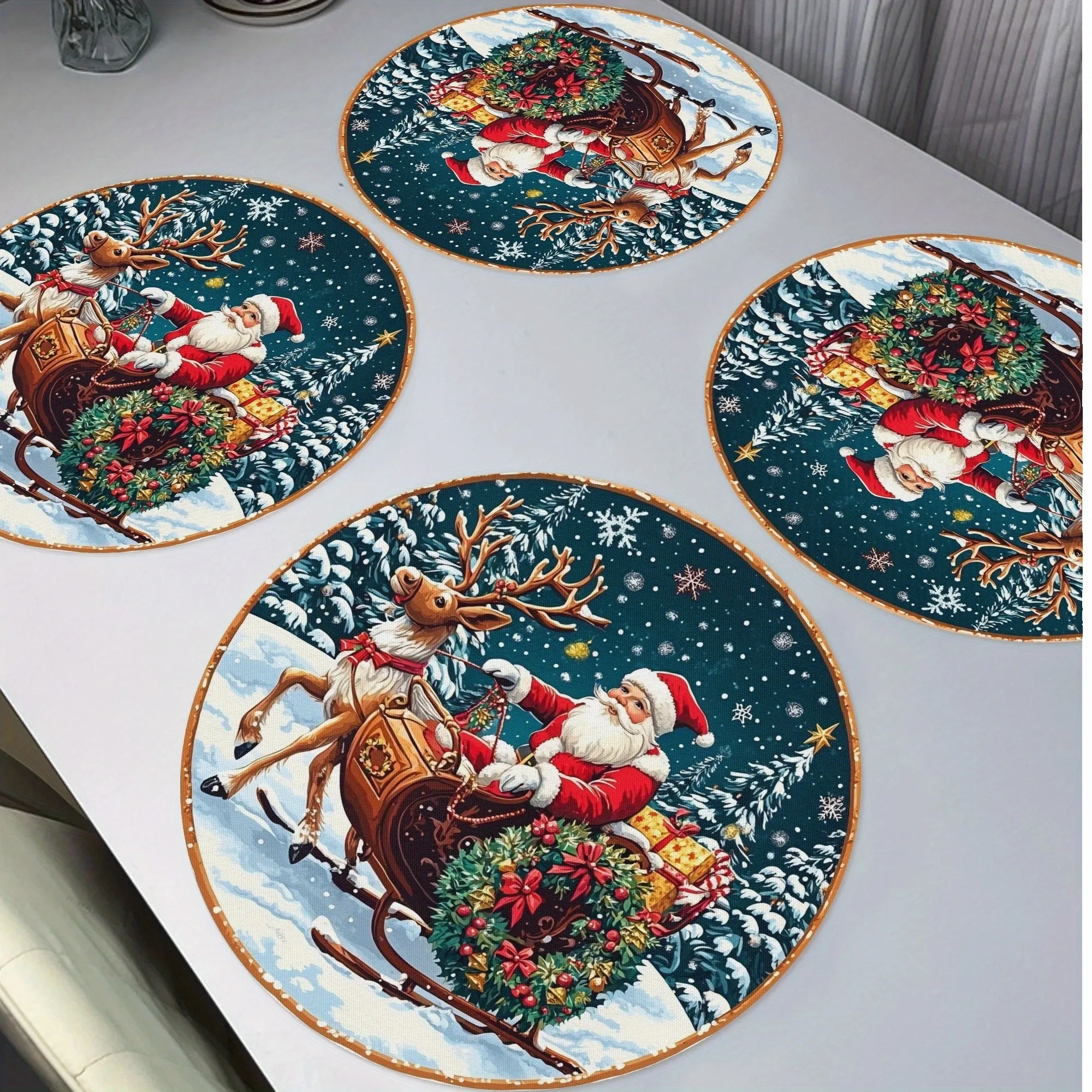 2/4/6/8Pcs Santa Claus and Horse Pattern Round Placemats Christmas Gift Winter Non-Slip Washable Heat-Resistant Table Mats Suitable for Party Kitchen Dining Decoration
