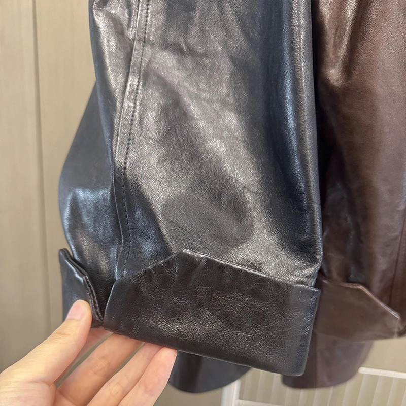 ヴィンテージオイルワックス加工ブレザー ジャケット 2026年春 高品質 レディース ミドル丈 シングルブレスト 本革 オーバーサイズ スーツコート