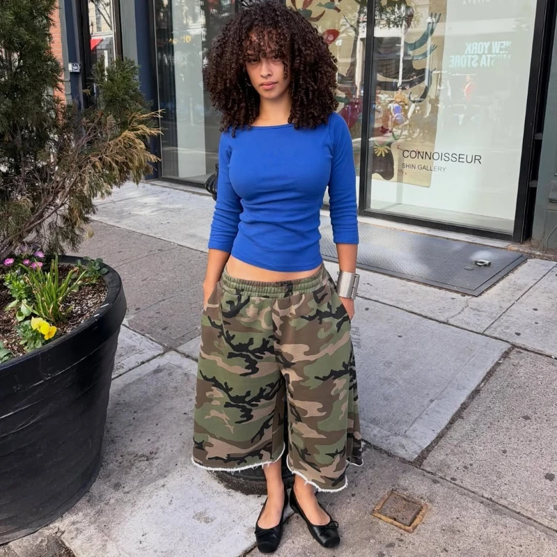 Y2K American Camo Shorts Camouflage Pattern Rough Edge Tassel Sweatshorts New Summer High Street Streetwear Unisex Baggy Shorts