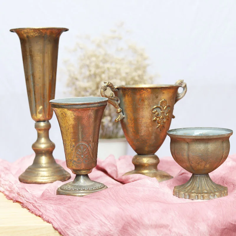 Classical goblet flower ware retro old wrought iron metal European wedding flower urn photo ornament
