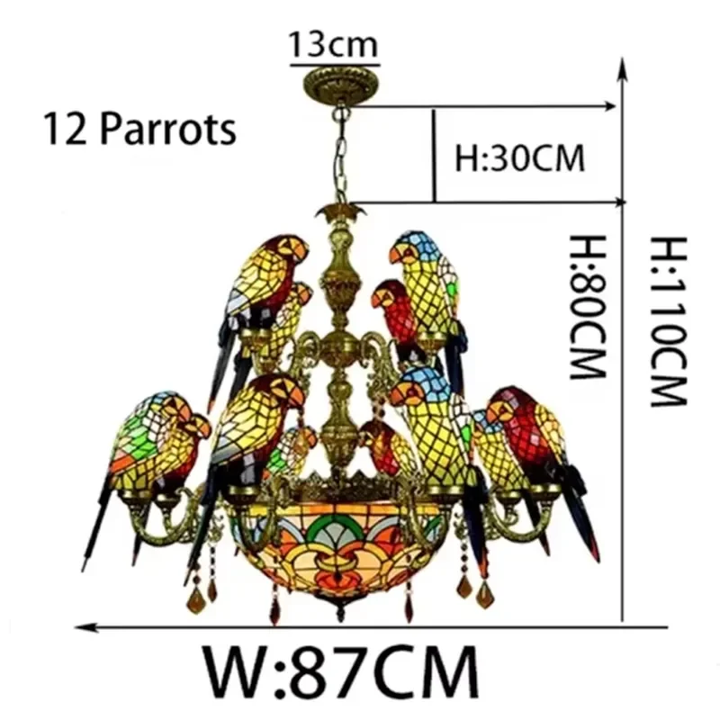 Custom Retro Stained Glass Parrot Chandelier Crystal Bird Pendant Light for Villa Bar Restaurant Living Room Decor