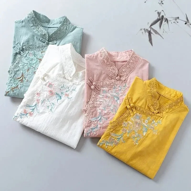 Embroidery China Style Shirt Women Vintage Cheongsam Top Hanfu Chinese Traditional Dress Tang Suit Harajuku Blouses Cotton Linen