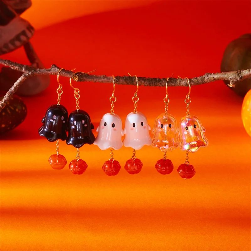 Niedliche Halloween-Harz-Geister-Ohrstecker für Damen, modische Cartoon-Kürbis-Anhänger-Piercing-Ohrringe, Schmuckgeschenke – Detail 39